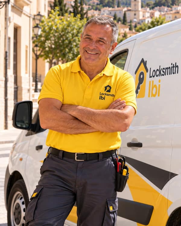 A smiling man in a yellow polo stands with his arms folded, leaning against the side of a white van on a sunny street lined with stone buildings