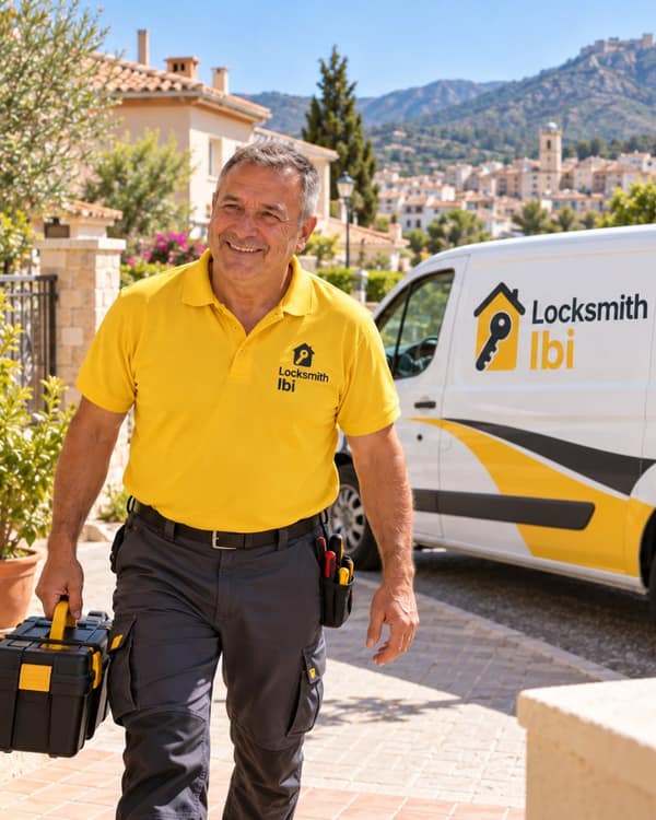 A smiling man in a yellow polo walks along a sunny paved path carrying a black and yellow tool case, with a white van parked behind him and a hillside town in the distance