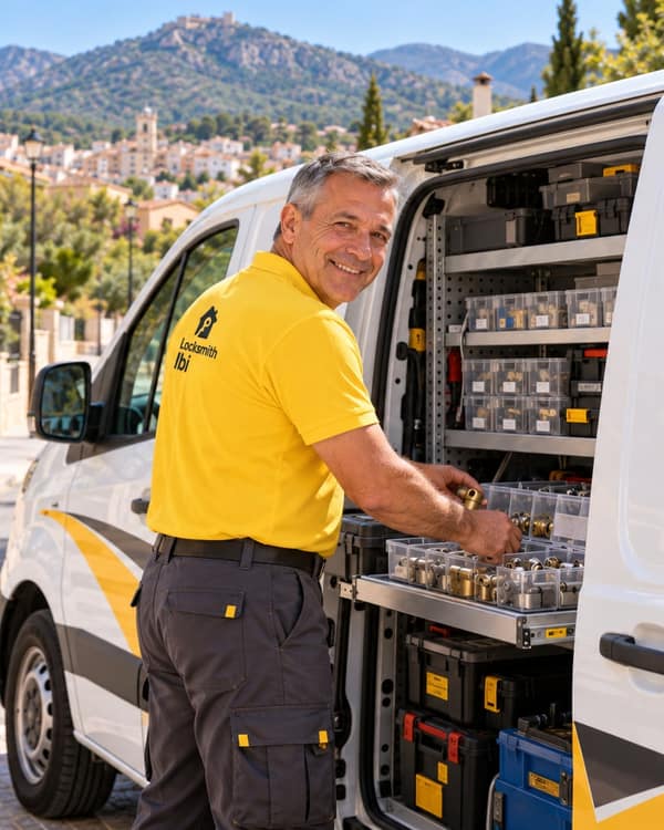 A man in a yellow polo smiles over his shoulder while sorting brass cylinders in clear trays at the open back of a white van