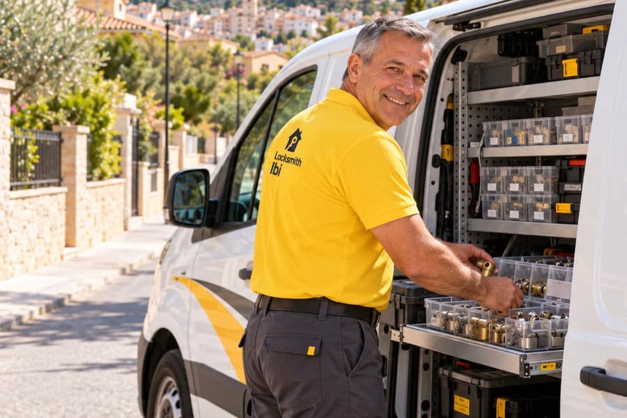A man in a yellow polo turns to smile from the open side of a white van fitted with racking, boxes and trays, on a sunny residential street